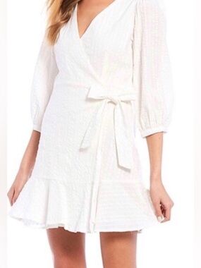 Gianni Bini White Textured Seersucker Ruffle Wrap Mini Dress Size M